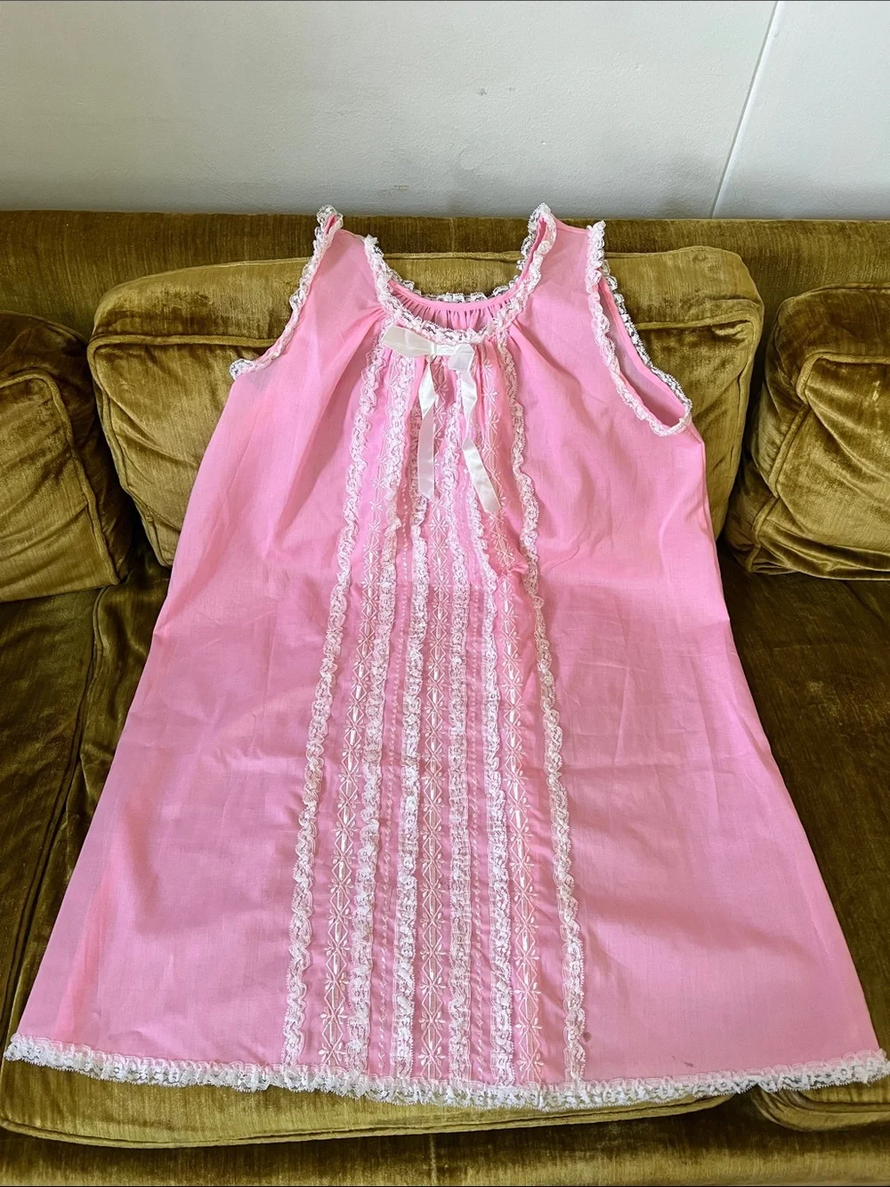 Vintage Pink Sleeveless Babydoll Nightgown with White Lace lingerie coquette - Picture 5 of 13
